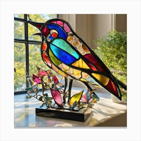 Bird In Nature Common Loon - colorful stained glass bird sculpture, illuminated by natural sunlight, sits on a windowsill. The vibrant colors of the glass pieces cast a beautiful array of hues across the surrounding area. Canvas Print