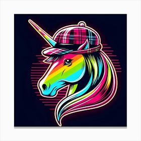 A neon unicorn with a plaid top hat, inspired by the pop art style of Roy Lichtenstein, in a neon rainbow color scheme. 1 Canvas Print