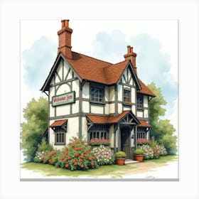 A Traditional English Country Inn With A Welcoming Sign And Flowers, Watercolor Style 1 Canvas Print