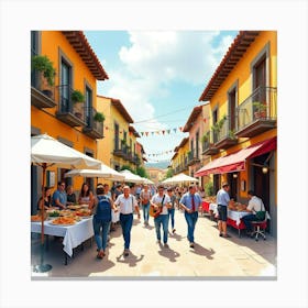 Watercolor Art Of A Lively Spanish Street Festival With Food And Music Canvas Print