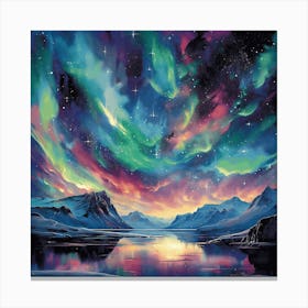 Lake Aurora Borealis Nature Landscape Moutains Stars Scenic Northern Lights Painting Digital Art Painting Canvas Print