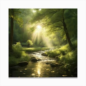 A captivating scene of a lush green forest with golden sunlight filtering through the trees. The leaves are gently swaying in the breeze, and a stream flows with sparkling water, reflecting the light. The atmosphere should be peaceful and serene 2 Canvas Print