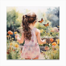Little Girl With Butterflies, watercolor Canvas Print