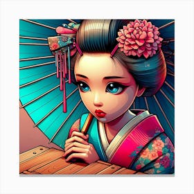 Shy Youn Comic Geisha With Umbrella Color Illustration Canvas Print