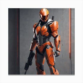 A Futuristic Warrior Stands Tall, His Gleaming Suit And Orange Visor Commanding Attention 12 Canvas Print