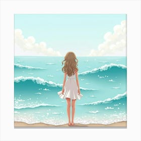 Taylor Swift Standing By A Calm Ocean, Watercolor Waves Blending With The Sky Canvas Print