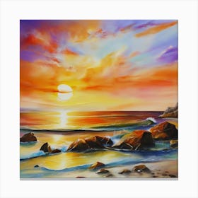 Artwork, oil colors, sea and sunset, seashore, beach rocks.San Francisco, USA.2 Canvas Print