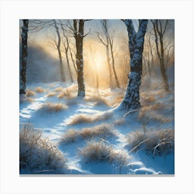 Warm Sun across a Snow Covered Woodland Landscape Canvas Print