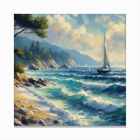 Sailboat On The Sea, Acrylic Painting Style Canvas Print