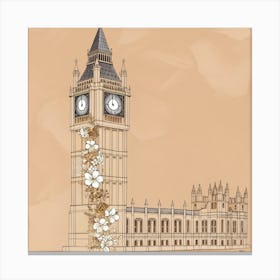 Big Ben London wall art neutral beige and white with flowers pretty floral Big Ben 2025 London wall art Canvas Print