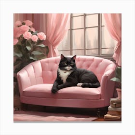 Cat Nap Tuxedo Cat Napping In Pink Interior Art Print 7 Canvas Print