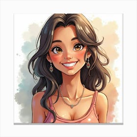 Spanish Girl With A Radiant Smile, Watercolor With Cheerful Shades 1 Canvas Print