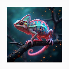 A Radiant Chameleon With Scales Of Glowing, Fractal Light Blending Into A Cosmic Jungle Canvas Print