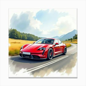 Porsche Taycan Turbo S In A Colorful Watercolor Landscape, No Signature Or Logo 1 Canvas Print