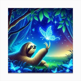 Sloth marvels at a glowing blue butterfly Canvas Print