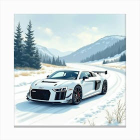 Modern Sports Car In A Serene Winter Landscape, Watercolor Painting 1 Canvas Print