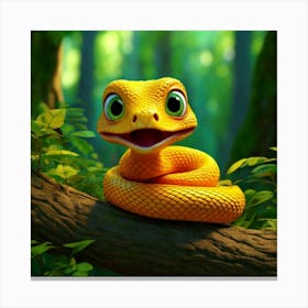 Firefly 3d, Animated, Surprised, Yellow, Baby Snake, Green Eyes, Knot, Tree Branch, Whimsical, Playf (3) Canvas Print