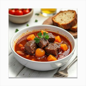 Watercolor Image Of A Savory And Hearty Beef Stew On A Cozy Dining Table Canvas Print