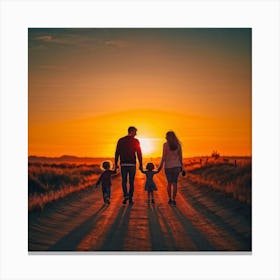 A Family Immersed In A Content Moment Walking Hand In Hand Against A Background Of A Sunset Graduall (7) Canvas Print