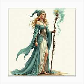 Elegant Sorceress With A Magical Staff, Watercolor 1 Canvas Print