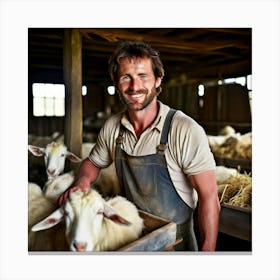 Sheep Farmer In A Barn Canvas Print