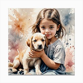 Water Colored Painting Of A Girl Child With Her Puppy 2d Art Water Color Spray 32k Resolution 3553479364 Canvas Print