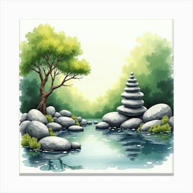 Watercolor Portrayal Of A Zen Rock Garden, Peaceful And Harmonious Design 1 Canvas Print