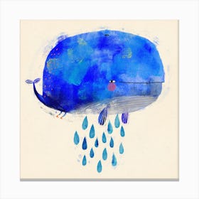 Flying Whale With Legs And Rainbow Rain Drops Square Canvas Print