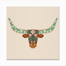 Floral Longhorn   Brown And Turquoise Square Canvas Print