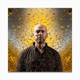 The Image Depicts A Man With A Shaved Head Standing In Front Of A Yellow Background Filled With Bees Canvas Print