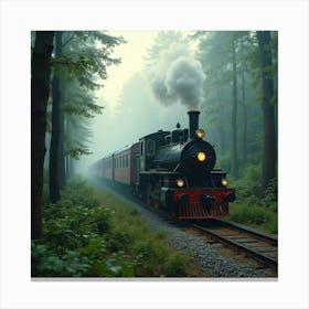 Old Fashioned Train Traveling Through A Misty Morning Forest 1 Canvas Print