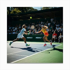 Tennis Match Captured In Mid Action Players Frozen Mid Swing With Rackets Poised To Strike Sunligh 2 1 Canvas Print