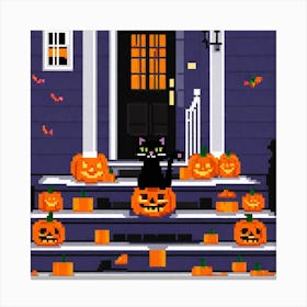 Halloween Cat On Steps In Front Of The Halloween House (27) Canvas Print