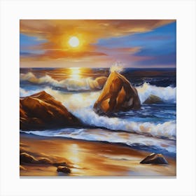 The sea. Beach waves. Beach sand and rocks. Sunset over the sea. Oil on canvas artwork.21 Canvas Print