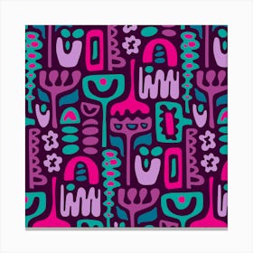 DREAMSCAPE Retro 70s Abstract Organic Floral Botanical Shapes in Lavender Purple Periwinkle Fuchsia Pink Teal Blue on Eggplant Canvas Print