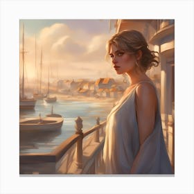 Seaside Town with Lady, Digital Art Canvas Print