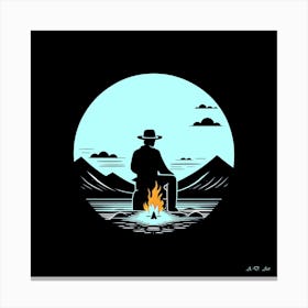 Solo Cowboy Camp Fire At Night - Minimal Illustration Canvas Print