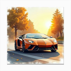 Lamborghini Aventador In A Watercolor Scene With Golden Hour Light 1 1 Canvas Print