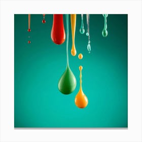 Multicolored Drops In Mid Air Captured In High Definition And Floating Against A Turquoise Backdrop Canvas Print