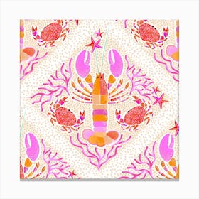 Summer Coastal Boho Lobster, Crab & Coral - Lattice Pink Canvas Print