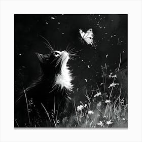 Black And White Cat With Butterfly Canvas Print