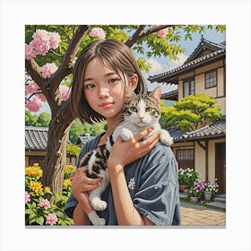 Girl Holding A Cat Canvas Print