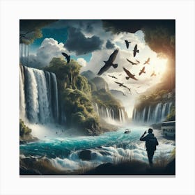 Waterfalls And Birds Canvas Print