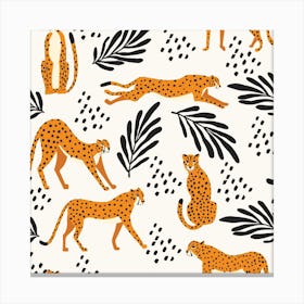 Tropical Cheetah Pattern On White With Black Florals And Decoration Square Canvas Print