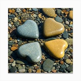 Four heart-shaped stones on colorful pebbles in shallow water. Canvas Print