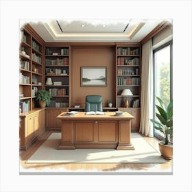 Sophisticated Law Office In Watercolor, With Wooden Bookshelves And Modern Decor Canvas Print