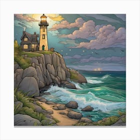 Lighthouse At Night Landscape 8 Canvas Print