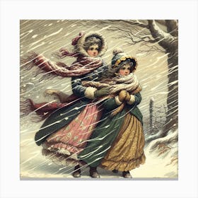 Two Girls In The Snow Art Print Canvas Print