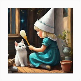 Cute Kawaii Gnome Girl Sitting And Painting Her Cats Back With Magic Brushstunning Masterpiece B 678276440 Canvas Print