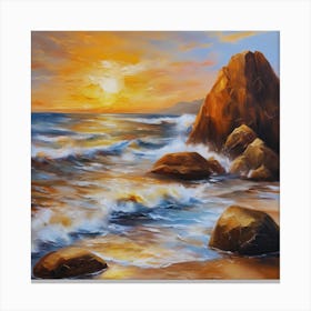The sea. Beach waves. Beach sand and rocks. Sunset over the sea. Oil on canvas artwork.38 Canvas Print